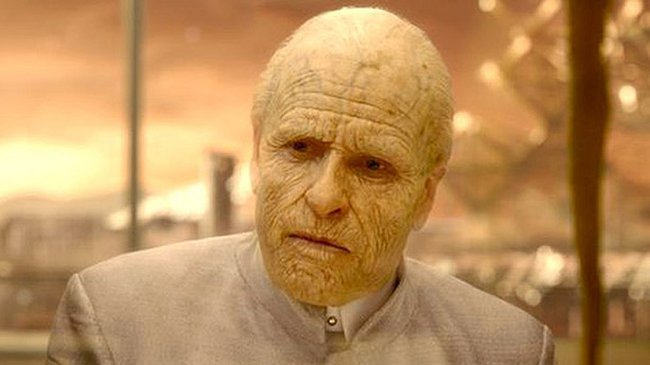 The aged Peter Weyland sponsors, then perishes during, the Prometheus mission. (20th Century Fox)