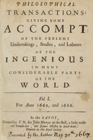 The first volume of Philosophical Transactions, largely regarded as the world's first scientific journal.